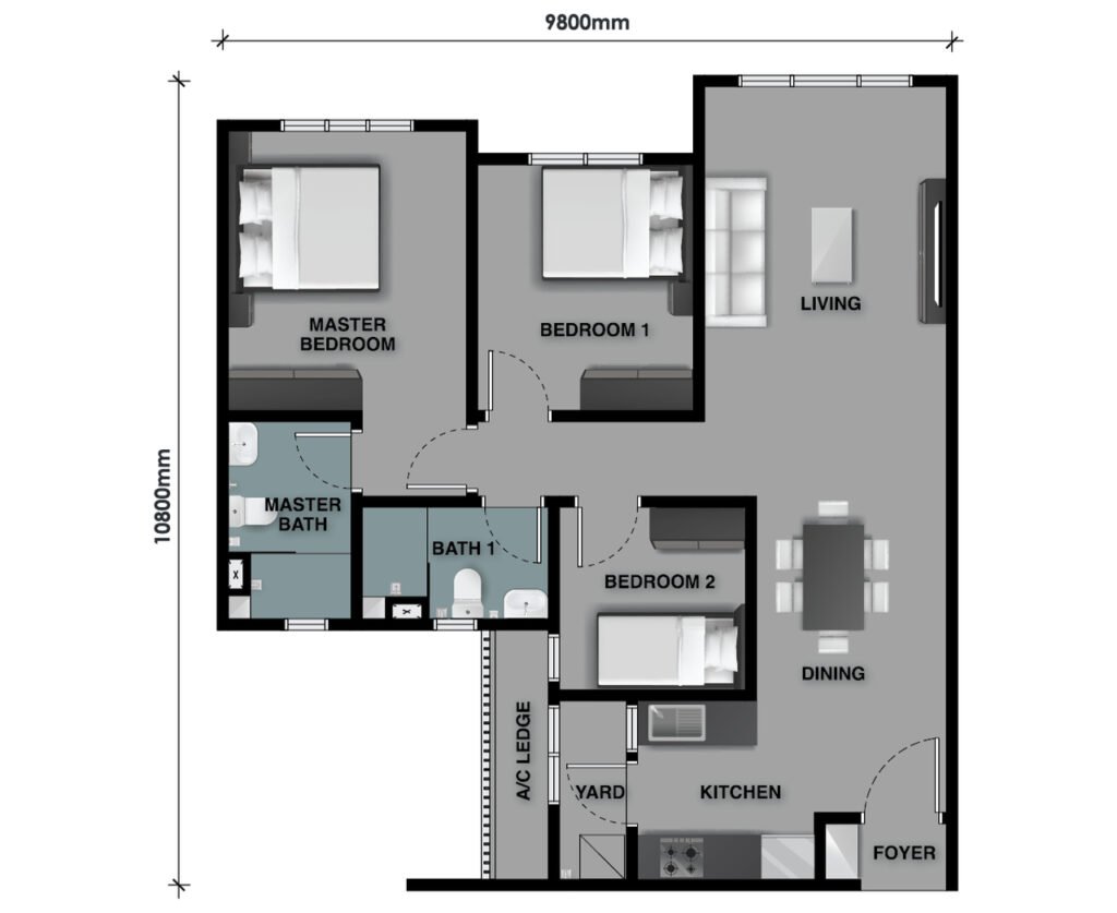 Floor plan of The Celestz Residences Type C2 915 sqft unit with three bedrooms, two bathrooms and no balcony