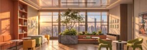 Coworking lounge at MABA Suitez featuring sofas, green chairs, an indoor planted area and large windows with Kuala Lumpur city views