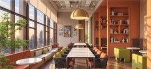 Coworking workspace at MABA Suitez with long shared tables, window-side sofas, orange bookshelves and views across Kuala Lumpur
