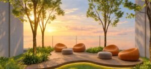 The Garden Alcoves at MABA Suitez, an open-air deck with pod chairs, trees and a glass balustrade for sunset views over Kuala Lumpur.