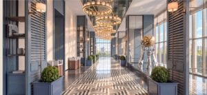 Grand Lobby corridor at MABA Suitez with tiered chandeliers, blue louvred panels, a metallic sculpture and geometric marble flooring.