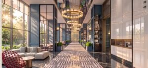 Lounge area of the MABA Suitez Grand Lobby with sofas beside full-height garden windows and a long chandelier-lit entrance walkway.