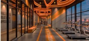 Gymnasium cardio zone at MABA Suitez with treadmills facing a Kuala Lumpur night view
