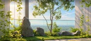 The Hanging Garden, a Tower A sky facility at MABA Suitez, with natural rock features, lawn, hanging vines and open views over the city.