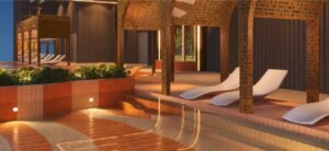 Kids Pool at MABA Suitez with shallow tiled water, white loungers and covered cabanas
