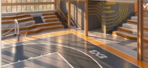 MABA Court at MABA Suitez featuring a 3x3 basketball hoop, marked playing area and timber tiered spectator benches.