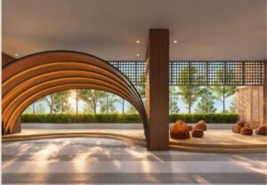 Playmaker Hub at MABA Suitez with a lit timber arch pavilion, bean bags and garden view
