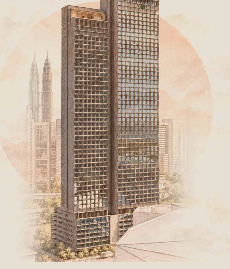 Architectural illustration of the MABA Suitez twin-tower development in Kuala Lumpur, showing two high-rise towers rising above a shared podium.