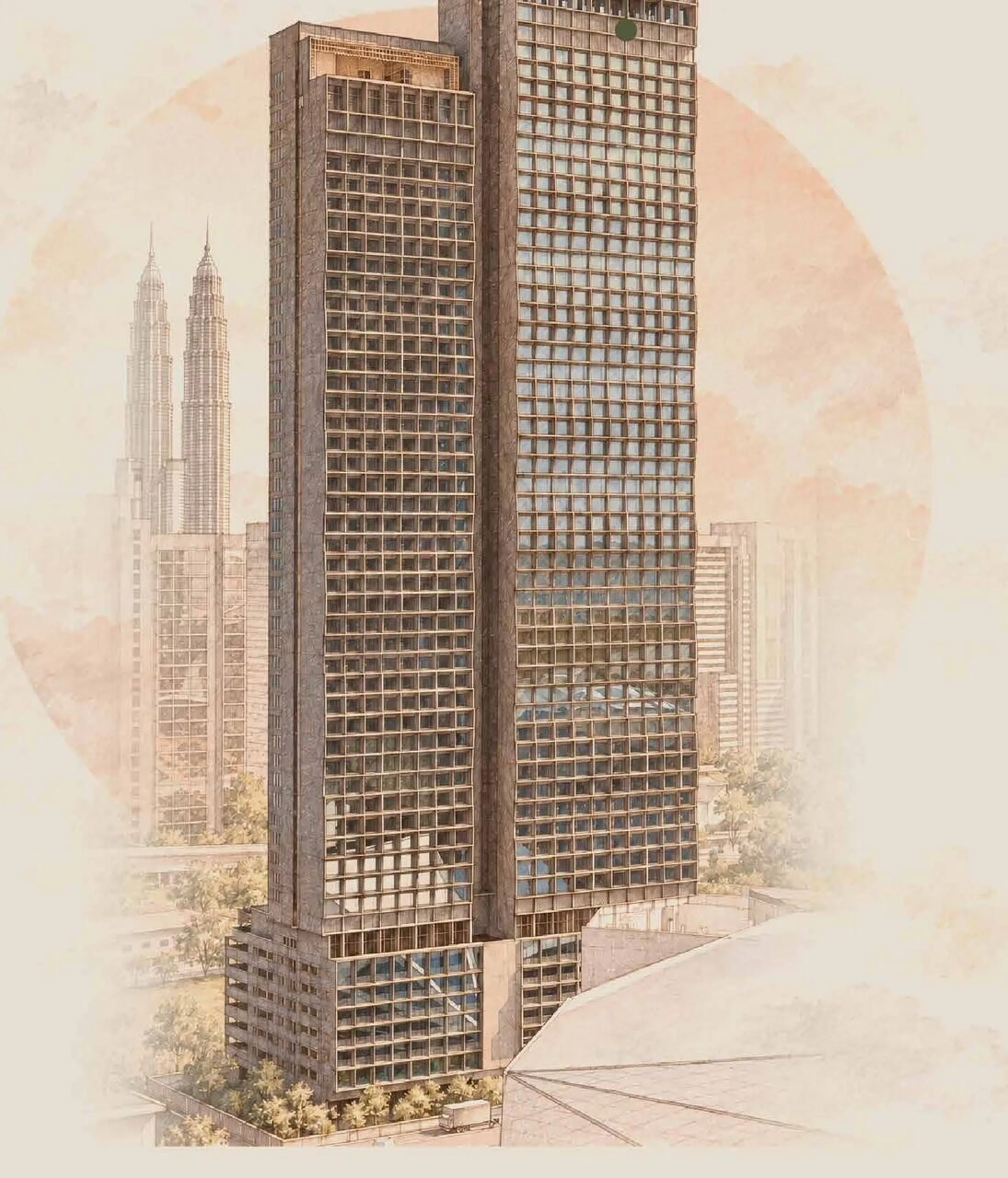 Architectural illustration of the MABA Suitez twin-tower development in Kuala Lumpur, showing two high-rise towers rising above a shared podium.