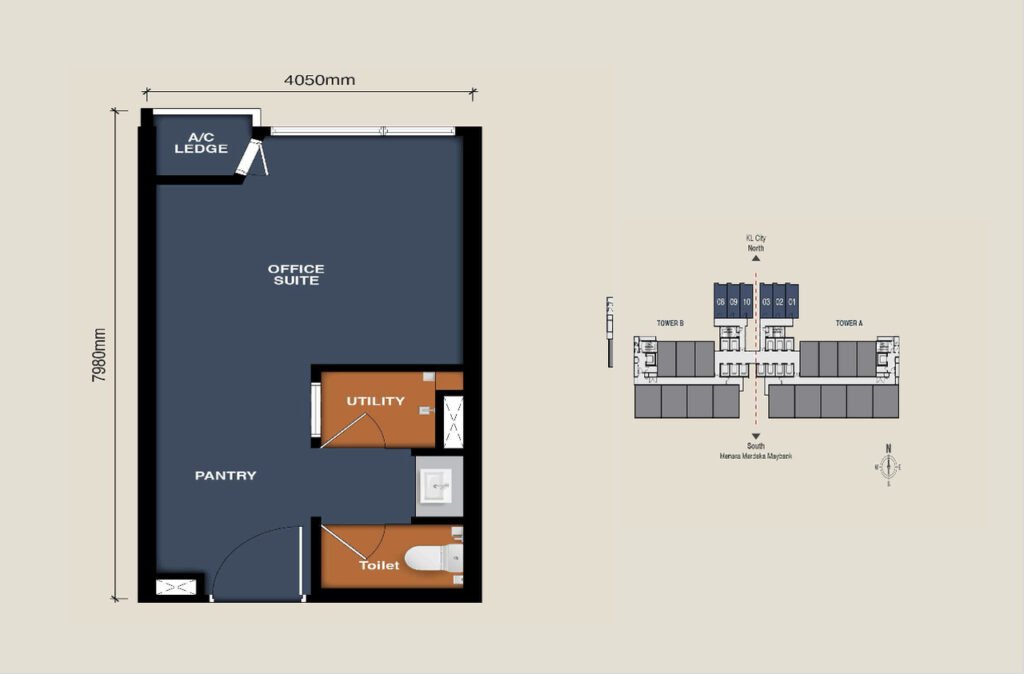 MABA Suitez Type A 323 sq ft office suite floor plan showing the main office area, pantry, utility room, toilet and air-conditioning ledge.