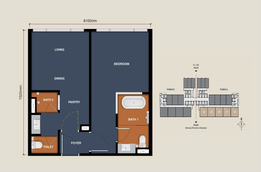 MABA Suitez Type C 657 sqft floor plan featuring a dualkey unit with one bedroom, a spacious living and dining area, pantry, entrance foyer and two bathroom areas.