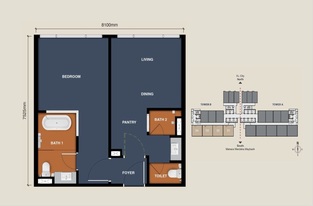 MABA Suitez Type C(M) 657 sq ft dual key unit mirrored floor plan showing one bedroom, a living and dining area, pantry, foyer and two bathroom areas.