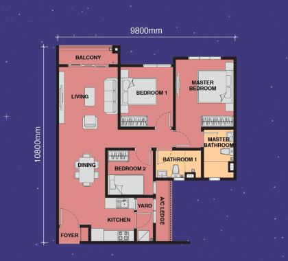 Exsim New Project_Exsim Johor_The Asteriaz @ Kebun Teh Johor _Layout Type B 915sqft （Balcony）