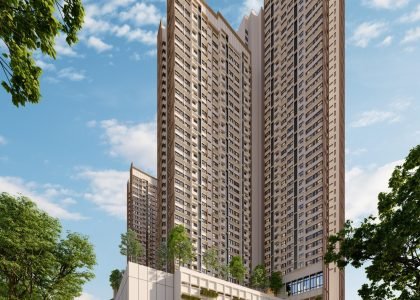 Facade view of The Queenswoodz EXSIM @ Bukit Jalil, a modern high-rise residential development by EXSIM Bukit Jalil, featuring lush landscaping and contemporary design