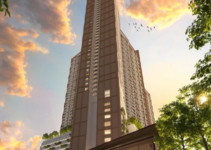 Evening perspective of The Queenswoodz EXSIM @ Bukit Jalil, showcasing its elegant towers, landscaped podium, and grand entrance for a premium lifestyle.