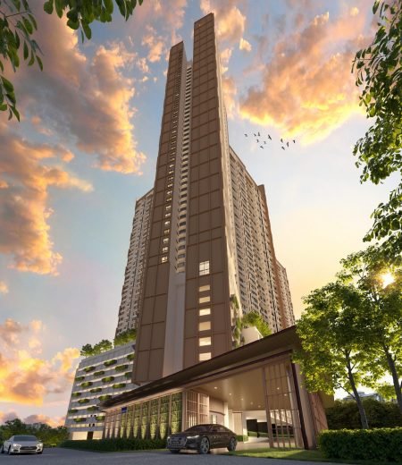 Evening perspective of The Queenswoodz EXSIM @ Bukit Jalil, showcasing its elegant towers, landscaped podium, and grand entrance for a premium lifestyle.