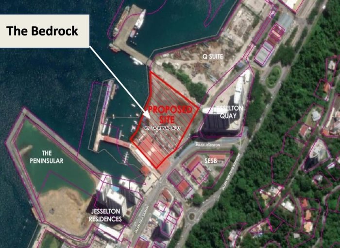 Key plan showing the proposed site of The Bedrock by EXSIM, strategically located at the waterfront of Kota Kinabalu within Jesselton Docklands near Jesselton Quay and Suria Sabah.