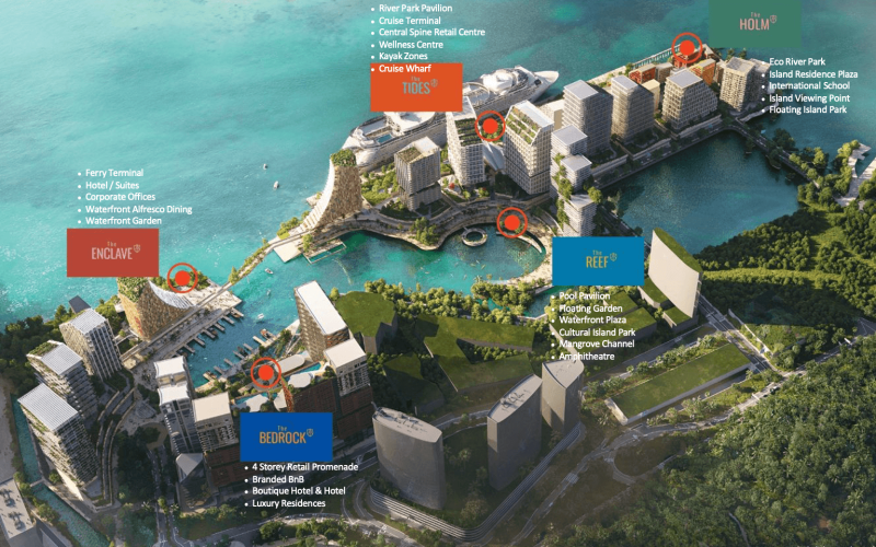 Aerial master plan of Jesselton Docklands featuring The Bedrock by EXSIM Sabah — a seafront mixed-use development with branded residences, boutique hotels, cruise terminal, river park, and eco island zones in Kota Kinabalu.