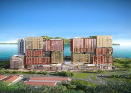 Rear mountain-facing view of The Bedrock @ Jesselton Docklands by Exsim, with symmetrical towers facing the ocean and lush greenery.