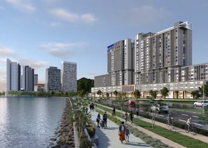 Wide angle view of Keeperz Suites Penang along coastal boulevard with pedestrian walkway, cycling lane and waterfront living environment by exsim penang.