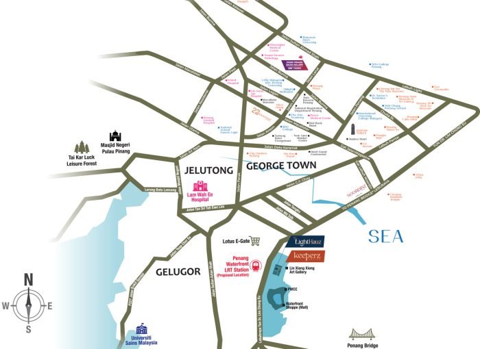 Location map of Keeperz Suites Penang showing connectivity to Georgetown, Jelutong, Gelugor, Penang Bridge and nearby amenities in prime exsim penang waterfront location.