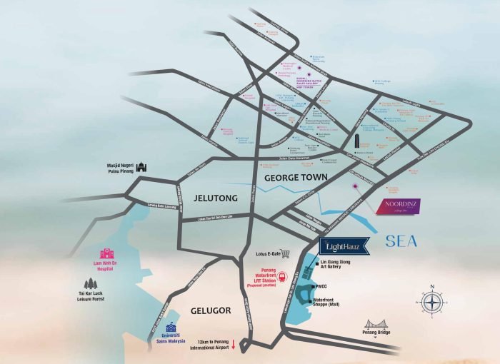 Location map of The Lighthauz Residences in Penang illustrating connectivity to George Town, Jelutong and Gelugor, with nearby landmarks such as Penang Bridge, proposed LRT station, hospitals and educational institutions, reinforcing the strategic positioning of exsim lighthauz residences.