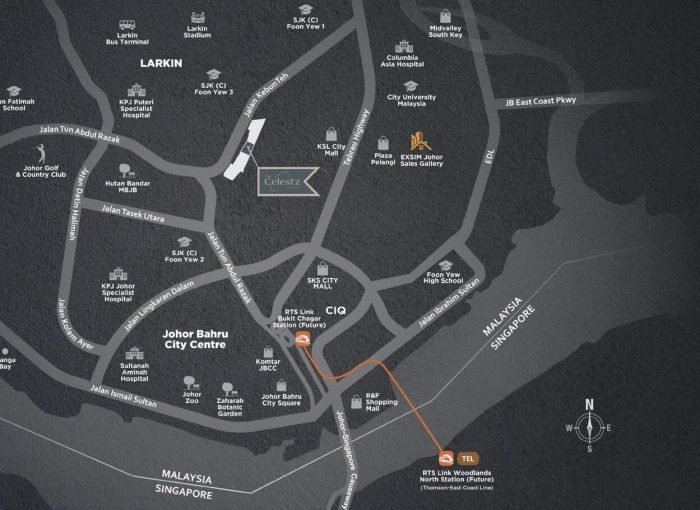 Location map of The Celestz @ Kebun Teh showing access to CIQ, RTS Link Bukit Chagar Station, KSL City Mall and Johor Bahru City Centre