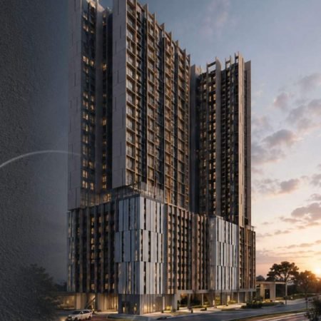 Facade rendering of The Celestz @ Kebun Teh serviced apartment development in Johor Bahru